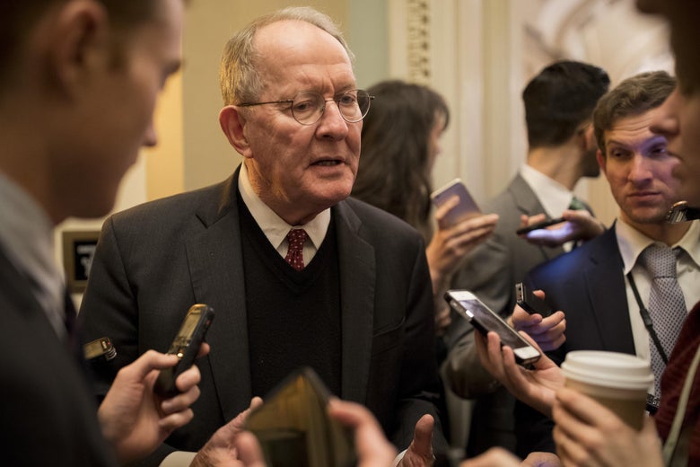 WASHINGTON, DC - JANUARY 19: Sen. Lamar Alexander (R-TN) speaks with reporters at the U.S. Capitol January 19, 2018 in Washington, DC. A continuing resolution to fund the government has passed the House of Representatives but faces a stiff challenge in the Senate. (Photo by Aaron P. Bernstein/Getty Images)